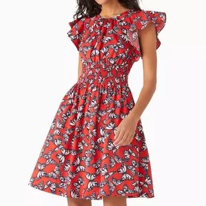 Kate Spade Butterfly Print Blake Dress Size Large Red Ruffle
